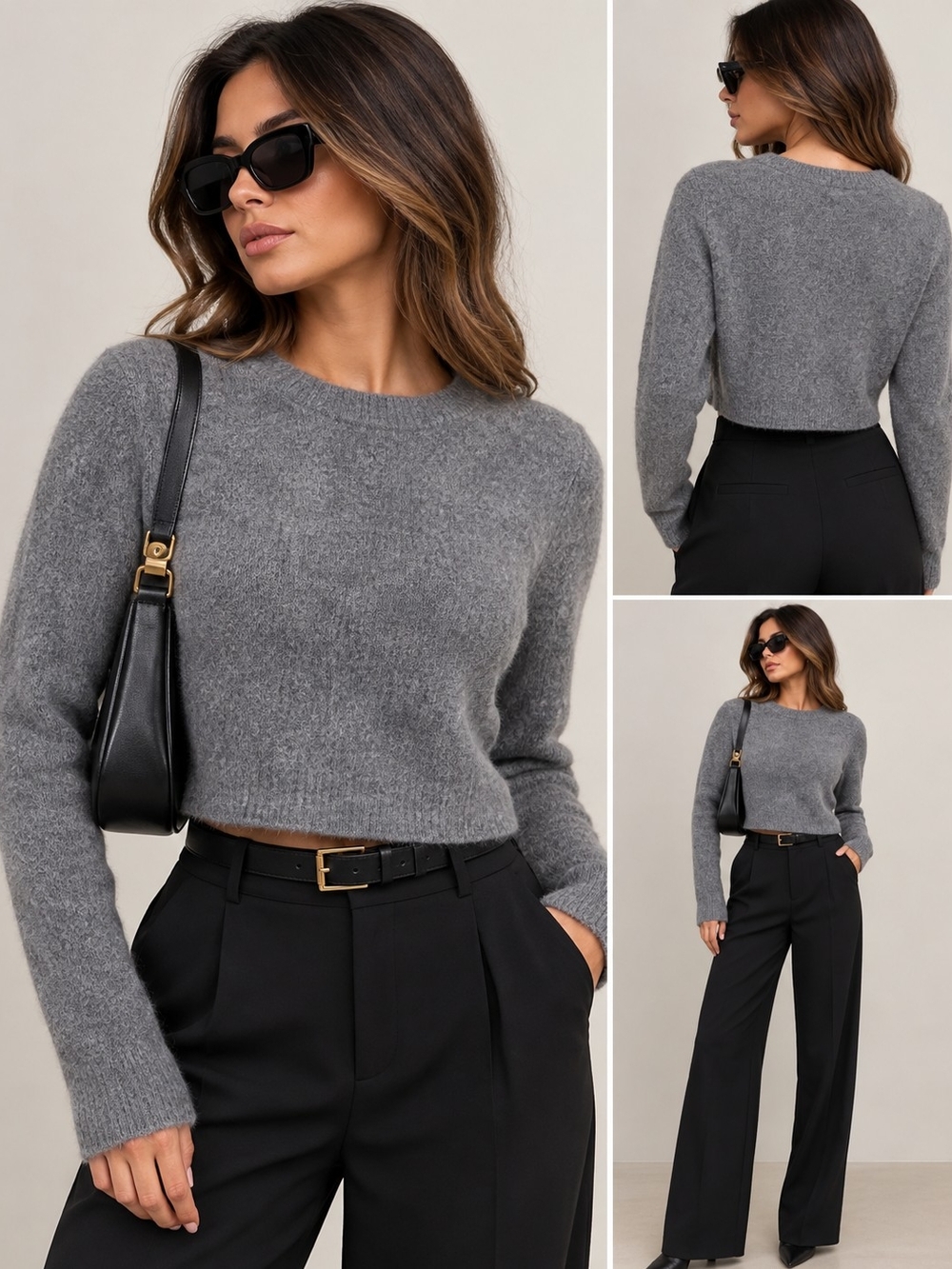 Classic Grey Cropped Knit Sweater - Women's MNG